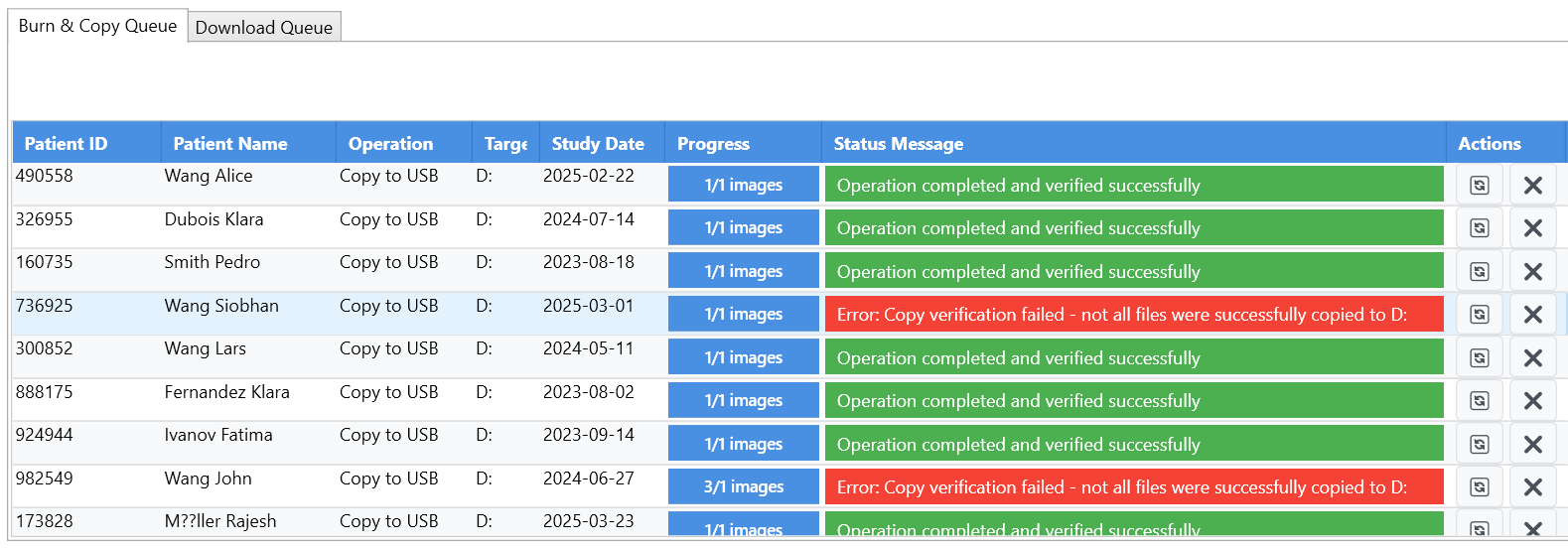 Close-up of the DICOM Burner job queue showing completed and failed copy operations