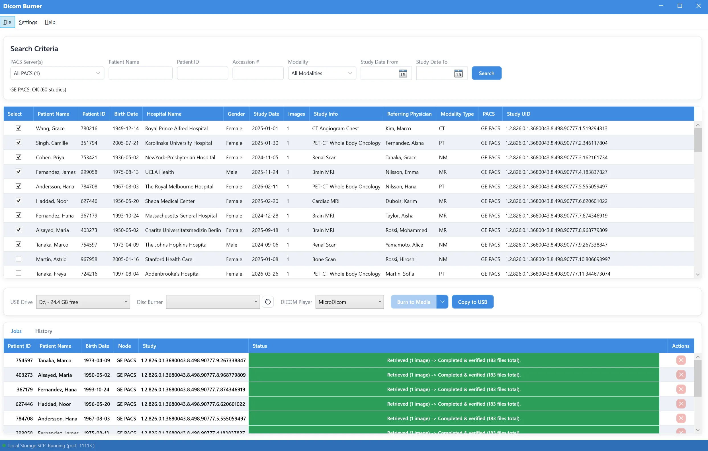 DICOM Burner burn and copy queue showing retrieval, burn, and USB copy progress for multiple studies