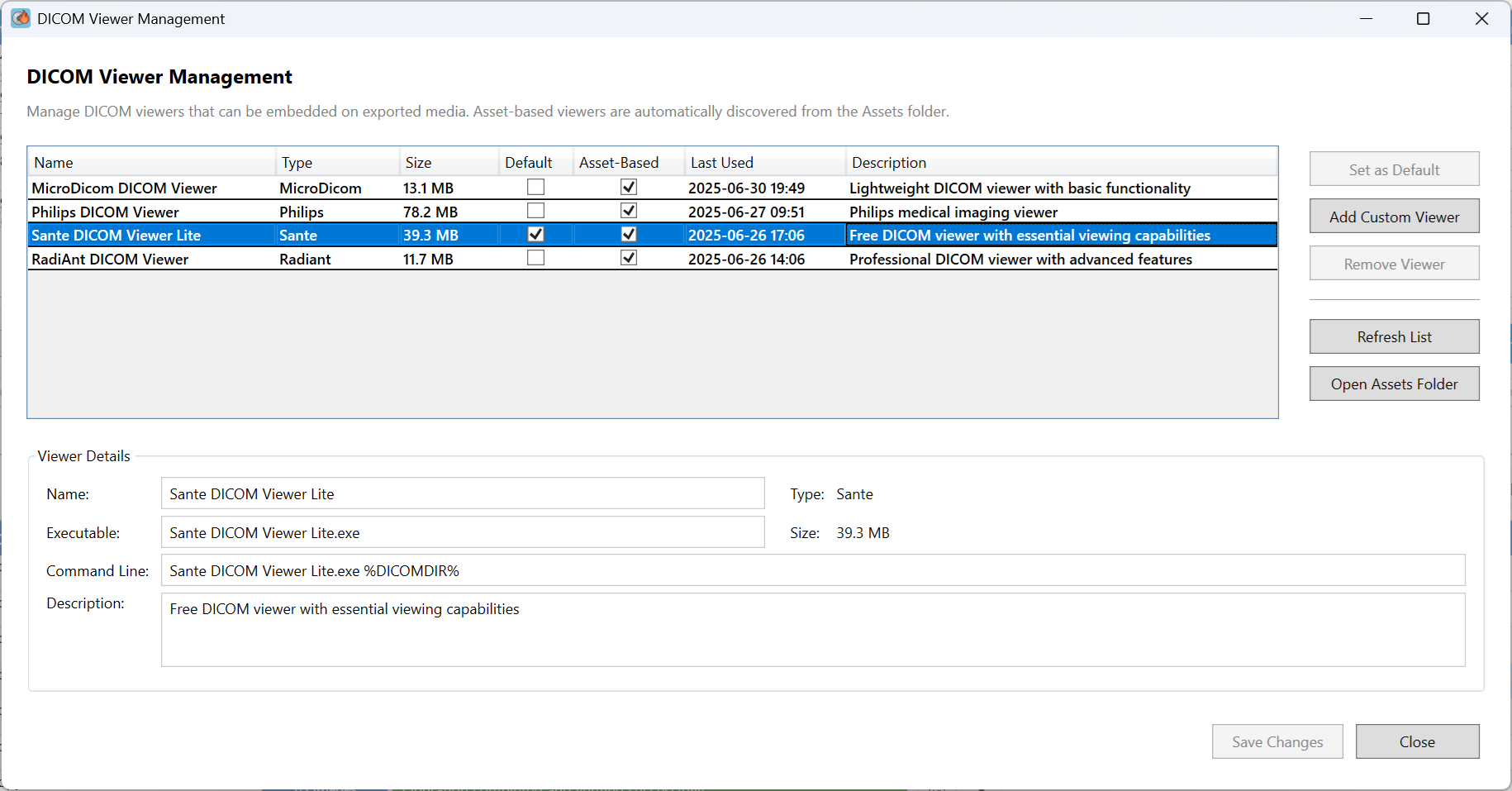 DICOM Burner viewer management screen listing bundled DICOM viewers for exported media
