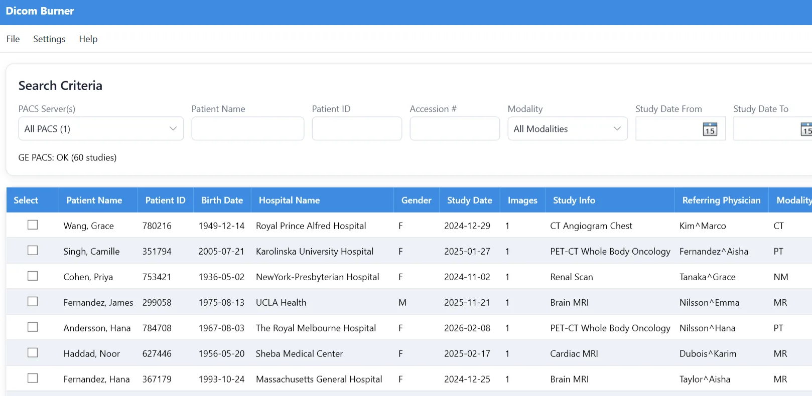 DICOM Burner search results showing studies queried from a PACS server across multiple hospitals
