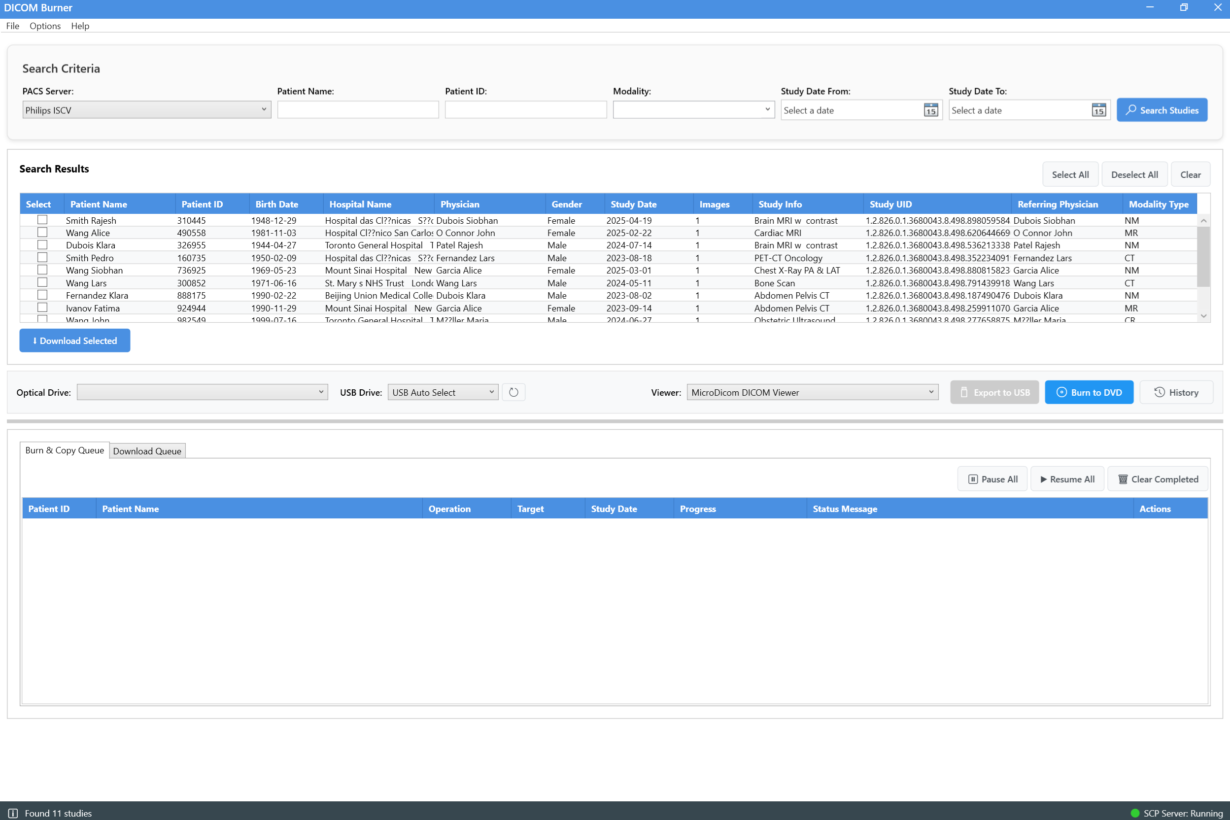 DICOM Burner main window showing PACS search criteria and study search results
