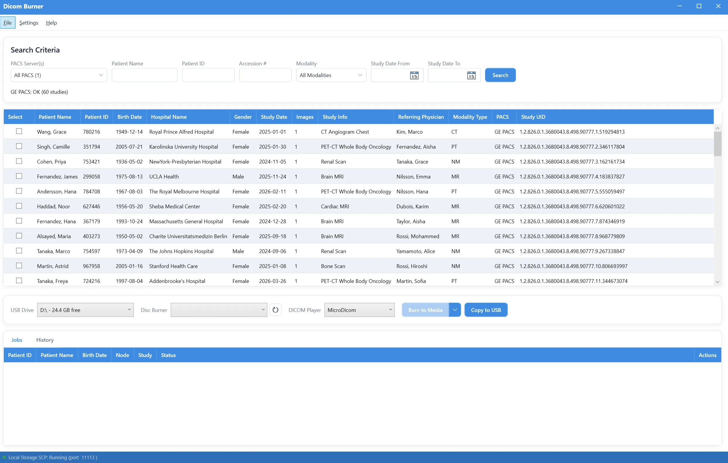 DICOM Burner main window showing PACS search criteria and study search results