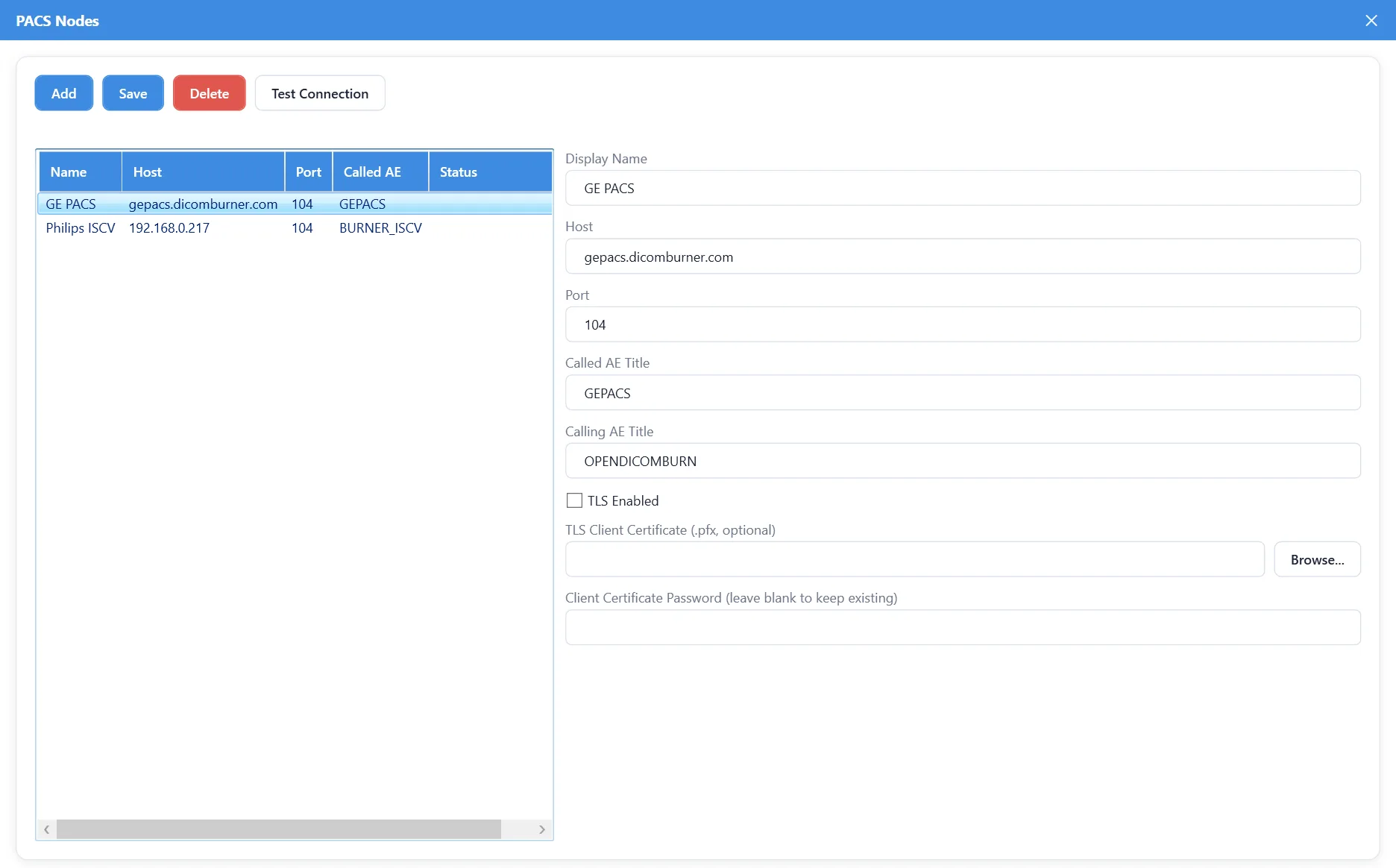 DICOM Burner PACS Nodes screen showing configured servers with host, port, AE titles, and TLS options